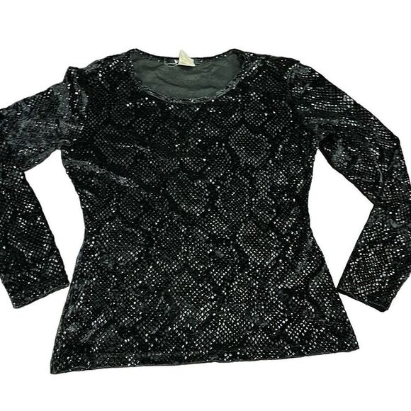 VOTRE NOM Vintage Snakeskin Black Metallic Stretch Long Sleeve Blouse Top Size S - Picture 5 of 8